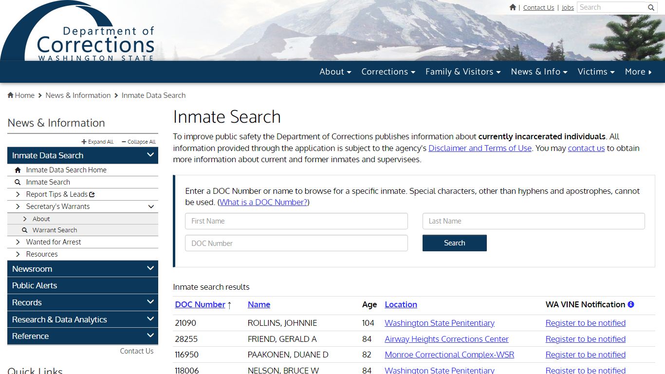 Inmate Search - Washington State Department of Corrections